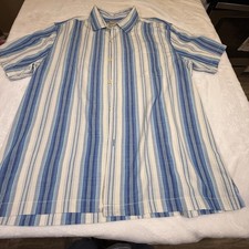 Tommy Bahama Mens XL 100 Silk Shirt Blue Stripe Short Sleeve Button Up Marlin