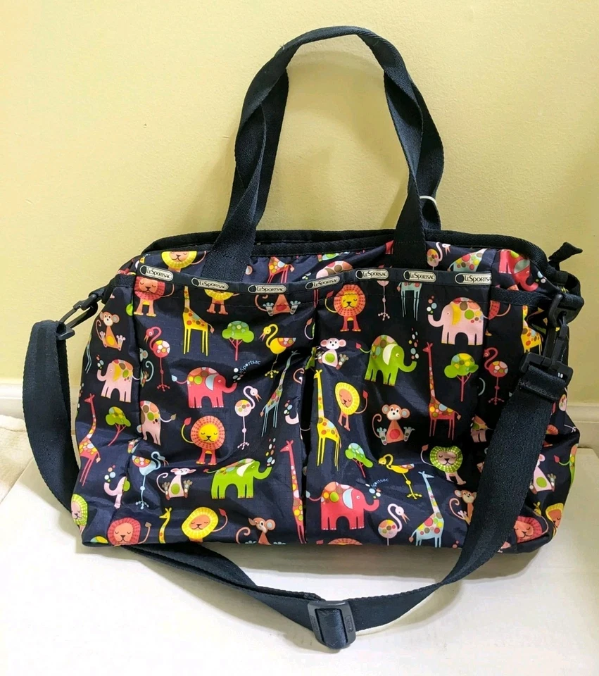 Lesportsac Large Baby Diaper Bag Safari Nylon Blue Lion Elephant Flamingo - Image 2 of 4