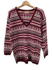 Vintage 90s College Point Sweater Medium Fair Isle V Neck Burgundy Deadstock NEW