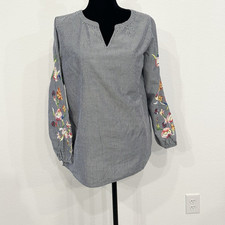 Talbots Womens Blue White Striped Floral Embr...
