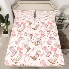 Pink Bow Fitted Sheet Queen Size Kids Cute Bowknot Bedding Set for Boys Teens...