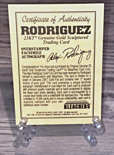 1996 Bleachers Alex Rodriguez 23 Karat Gold Foil 2794/10000 Incl COA - 第 4/4 張圖片