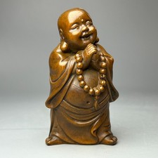3.2" China Exquisite Boxwood Handmade Happy Maitreya Buddha Statue W868