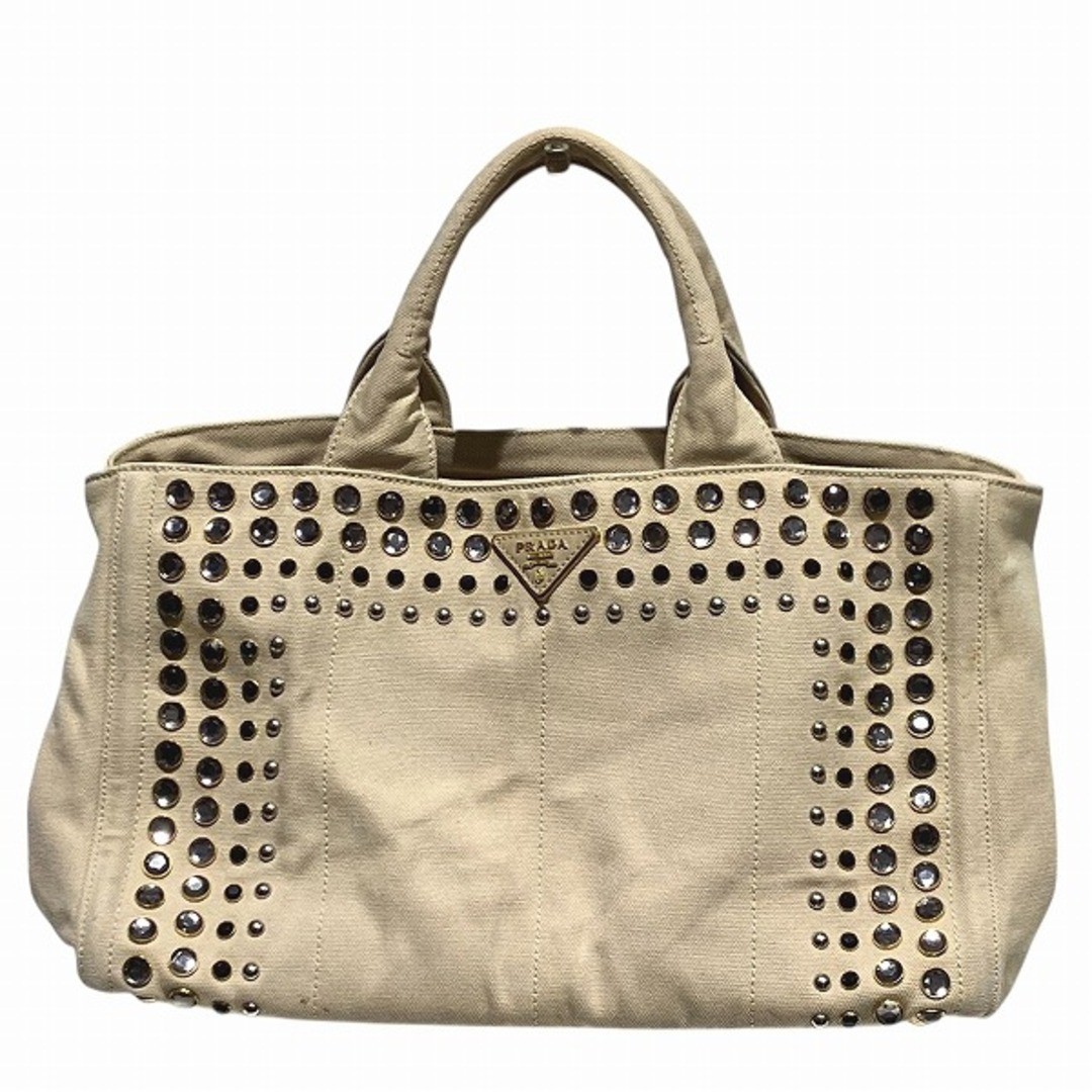 RARE Prada Canapa Tote M Beige Beaded Studs Handbag for Women Free Shipping
