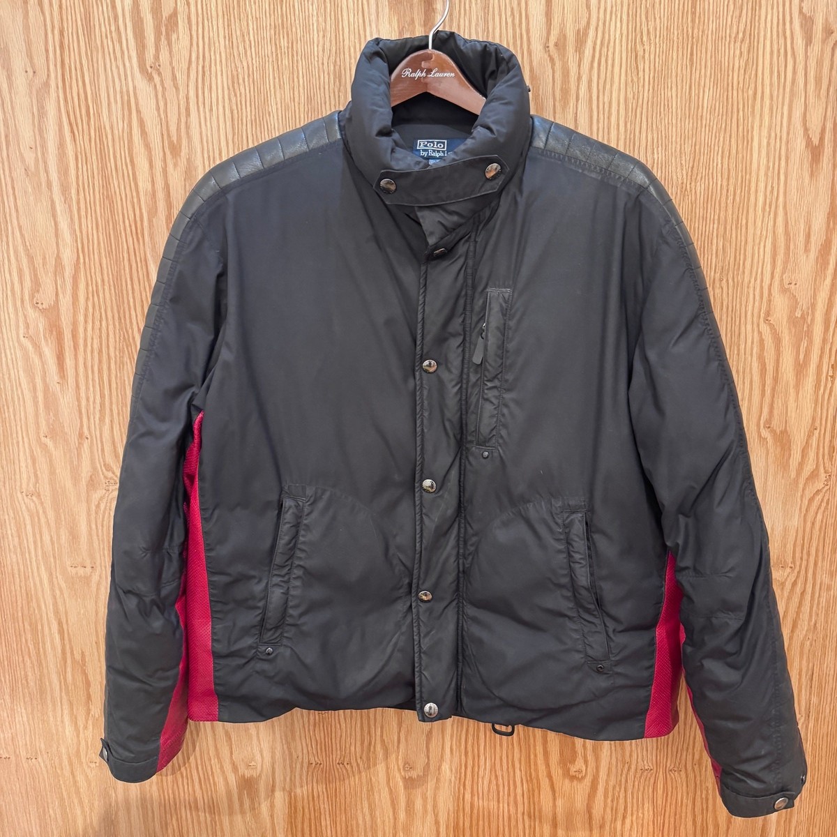 Vtg Rare 90s Polo Ralph Lauren Leather Racing Down Jacket L 
