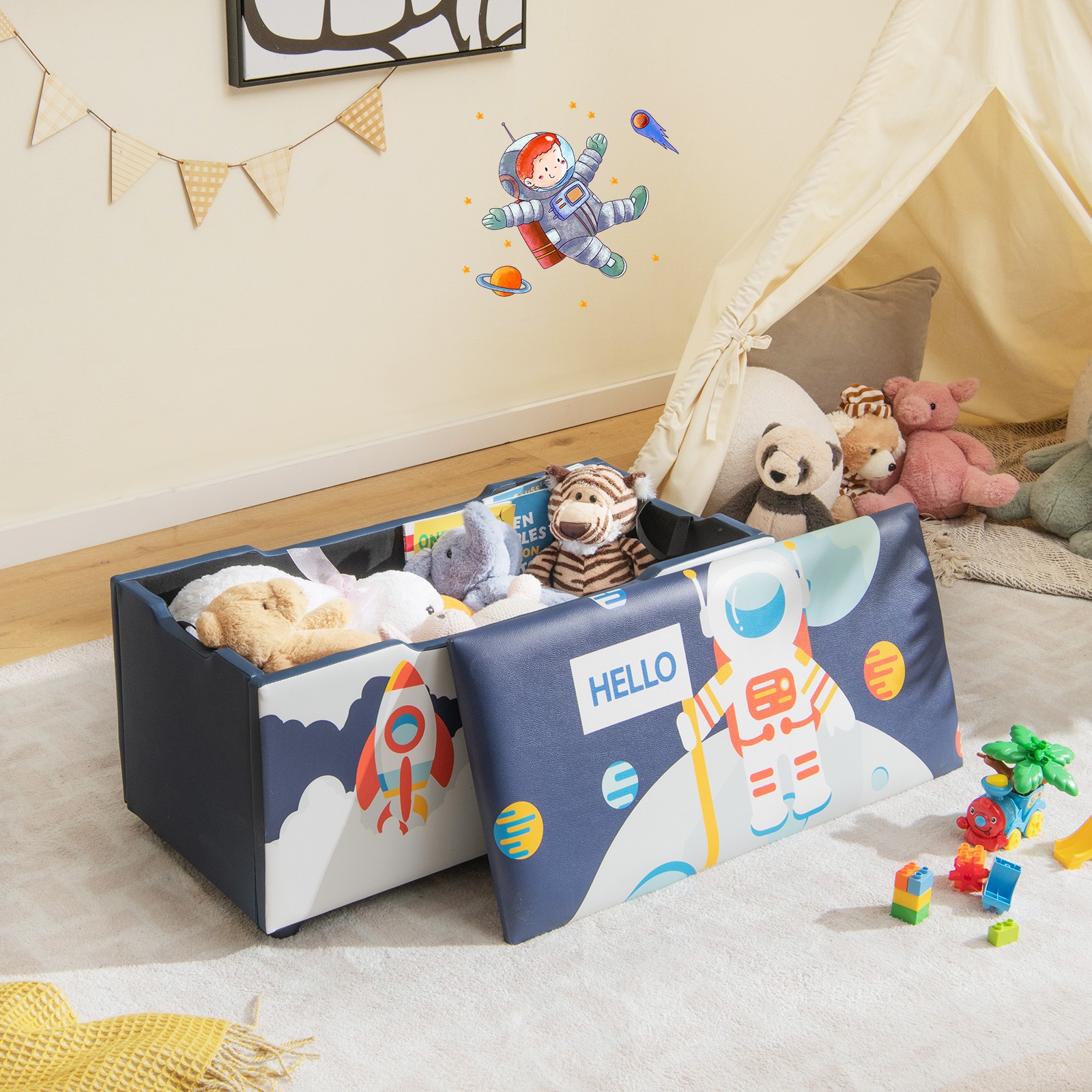 Kids Upholstered Storage Ottoman Bench Versatile Toy Chest Footrest Stool w/ Lid