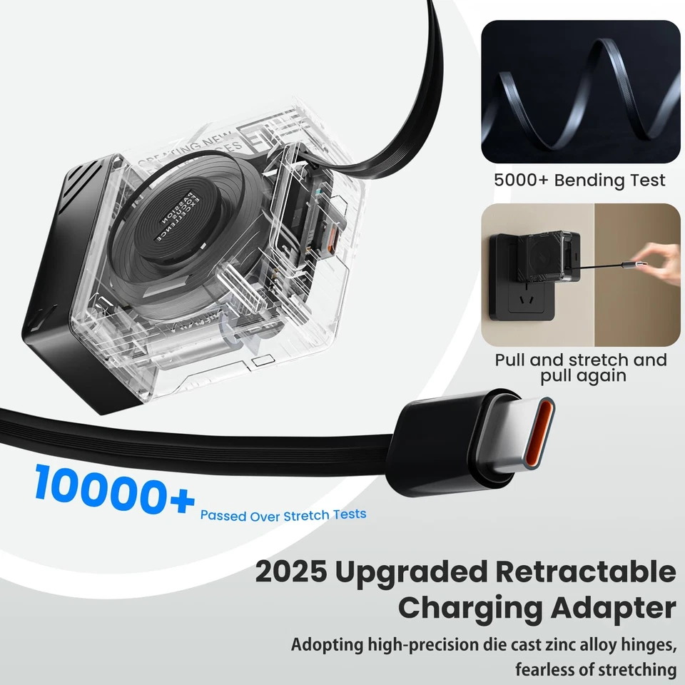 FlexLine 65W para cargador de pared retráctil (GaN6), doble puerto con retracción de 28,7 pulgadas... Foto 4 de 4