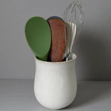Medium Ceramic Utensil Holder, Crock, Spatula, Retro White, Countertop, Short