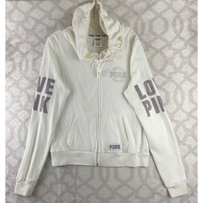 PINK Victoria's Secret Full Zip Hoodie Cream Mauve Love Pink Graphic Medium