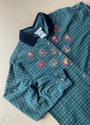 Victoria Jones Christmas Blouse Size PL Green Plaid Long Sleeve Embroidered
