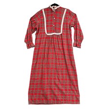 VTG Red Plaid Flannel Nightgown LG Lace Trim Prairie Cottagecore Sleepwear