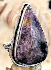 LARGE 1 1/4" Purple Russian Charoite Ring Teardrop .925 Sterling Silver Size 9.5