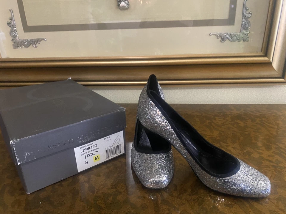 Jessica Bennett Pump Silver Glitter Cone Heel Slip On Sz 8 Metallic - Image 3 of 4