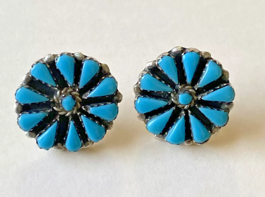 Zuni Pueblo Sterling Silver Turquoise Petit Point Earrings
