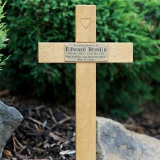 24" Tall Oak Carved Heart Wooden Memorial Cross Engraved Plaque Grave Marker pet