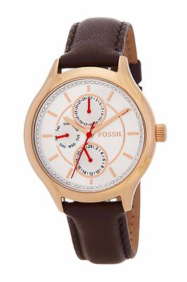 FOSSIL ROSE GOLD TONE,CRYSTALS,BROWN LEATHER BAND,MULTIFUNCTION WATCH BQ1587IE