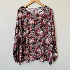 Lands End Plus 3X Sz Pink Brown Palm Leaf Crew Swim Tee Rash Guard Long Sleeve