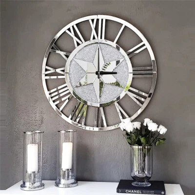 HANDGEFERTIGT Orologio da parete argento grande 60 cm moderno soggiorno XXL numeri romani specchio cristallo