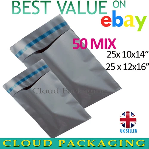 50 MIXED SIZES - 12 x 16 + 10 x 14 STRONG LARGE GREY POSTAL MAILING BAGS