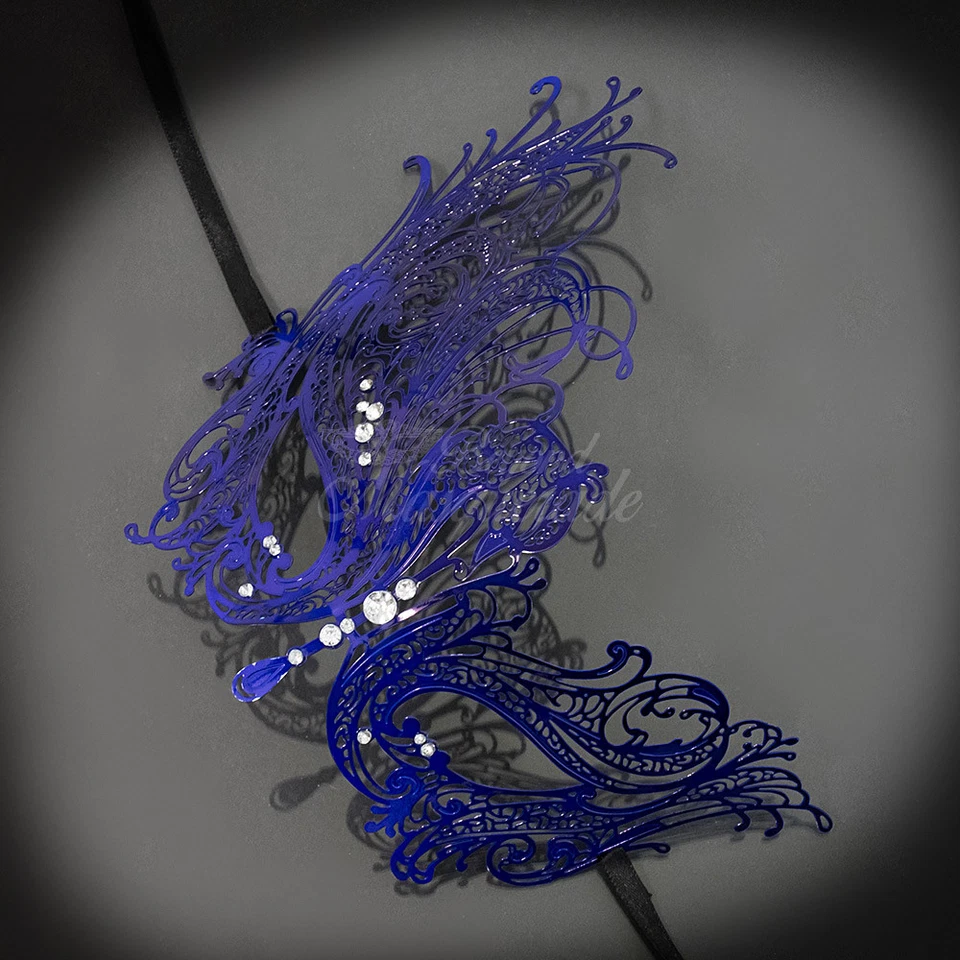 Dark Blue Swan Light Metal Filigree Venetian Masquerade Mask for Women - Image 4 of 4