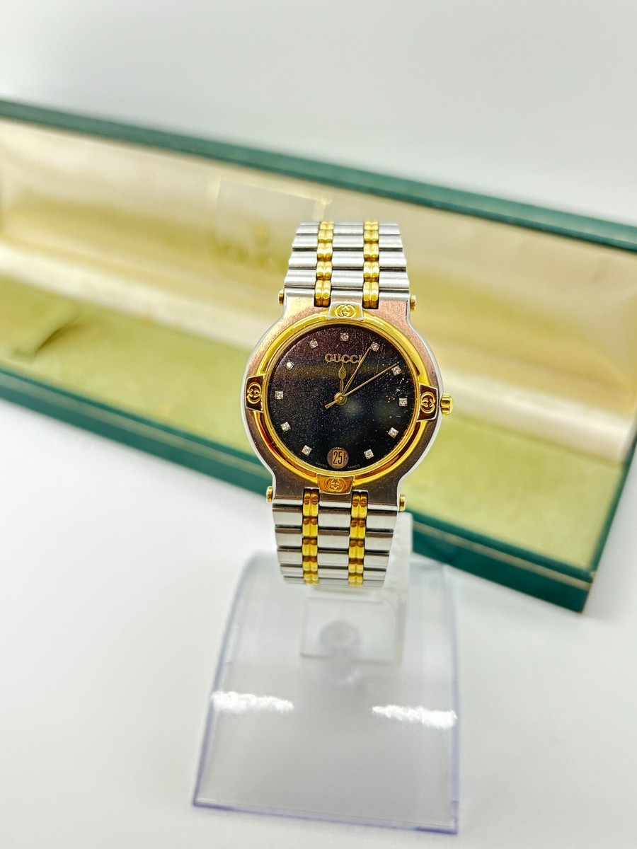 Exc+5 w/Box ] GUCCI 9000M Black Dial 11P Diamond 3 ATM Men Watch