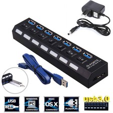 USB 3.0 HUB On/Off Switch with AC Power Adapter Cable For PC Laptop 4 or 7 Port