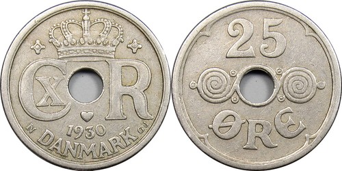 1930 HCN GJ Denmark Christian X Holed 25 Ore XF KM# 823.2 - Picture 3 of 5