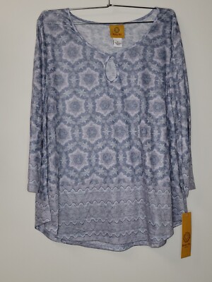 Ruby Rd Blue Top New Ruby Rd. Blue Geometric 3/4 Sleeve Keyhole Blouse Shirt Top Sz. L ...