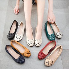 Women Ladies Diamante Ballet Flats Soft Real Leather Loafer Work Boat Shoes Size