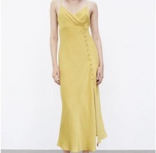 Zara Join Life Draped Neckline Satin Slip Button Side Midi Dress Yellow/Gold ❤️
