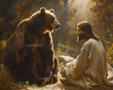 8x10 Matte Print Bear and Jesus in Peaceful Encounter