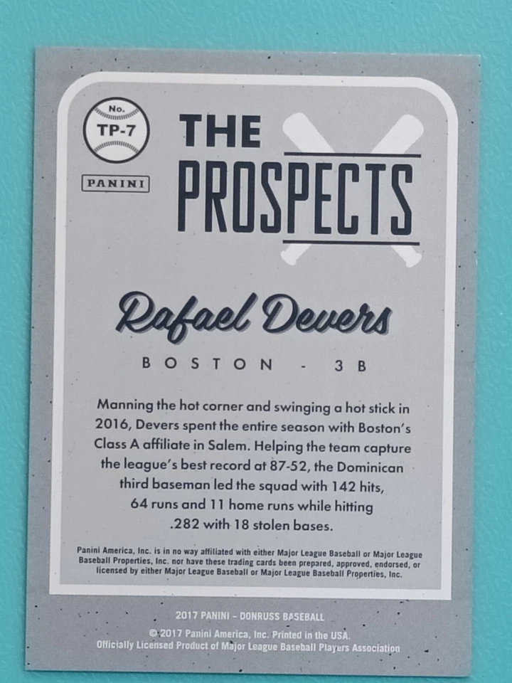 2017 DONRUSS RAFAEL DEVERS THE PROSPECTS #-161/199 BOSTON RED SOX - Image 3 of 3