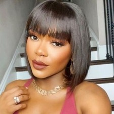 Short Human Hair With Bangs None Lace Front Wigs 8 Inch Machine Made