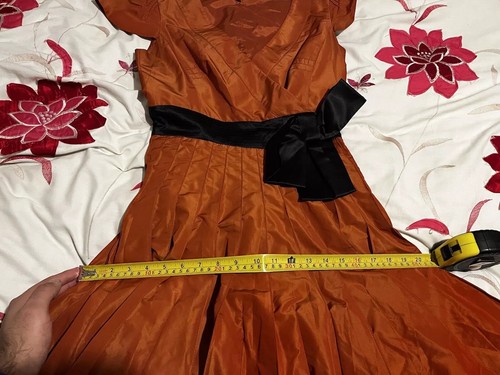Karen Millen Pleated Knee Length Belted Skirt Midi Dress - Orange - Size UK 8 - Picture 7 of 12