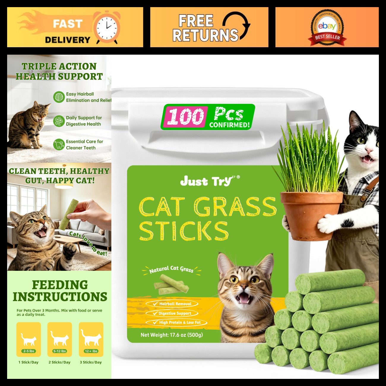 500g Cat Grass Sticks - Natural Treats for Dental Health & Hairball Control