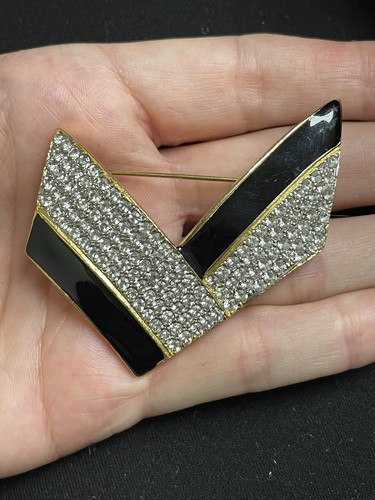 Vintage Les Bernard Signed Brooch Gold-Tone Clear Rhinestones Black Geometric - Picture 2 of 9