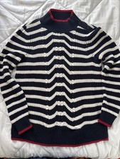 LOFT Striped Blue White Red Button Neck Cable Knit Ribbed Sweater Size Medium