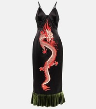 44IT- Gucci Black Silk Duchesse dragon print midi dress BNWT