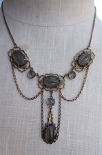 Vintage Art Nouveau Festoon Swag Faceted Cabochon Smoky Quartz Pendant Necklace