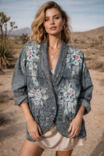 Vintage Acid Wash Embellished Denim Jacket Hand Painted Floral Studded 80s Art