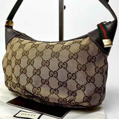 Gucci Vintage GG Canvas Sherry Line Leather Accessories Pouch Gold Authentic