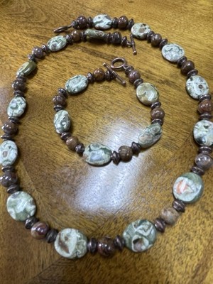Handmade Rhyolite Rainforest Jasper Necklace& Bracelet Set. Artisan Made