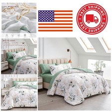 Queen Bedding Set 7 Pieces Includes Comforter and Pillow Shams Green Leaves