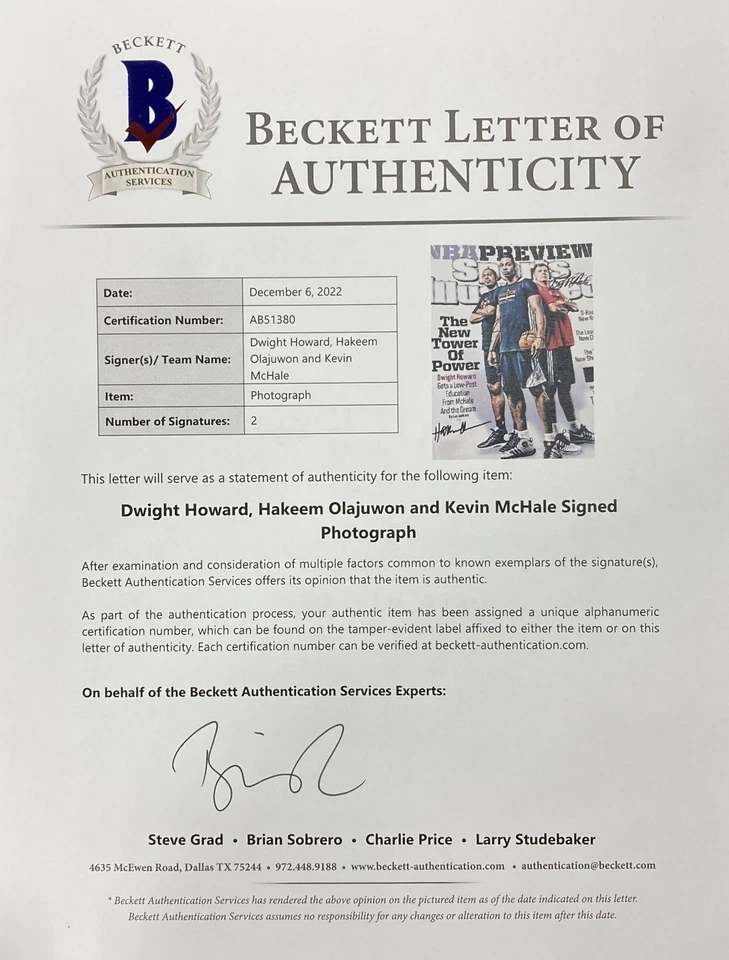 Hakeem Olajuwon Dwight Howard McHale Signed Framed 11x14 SI Cover Photo BAS LOA - Image 3 of 3