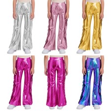 Girls Metallic Pants Shiny Trousers Party Fringe Flared Festival Bell-Bottom