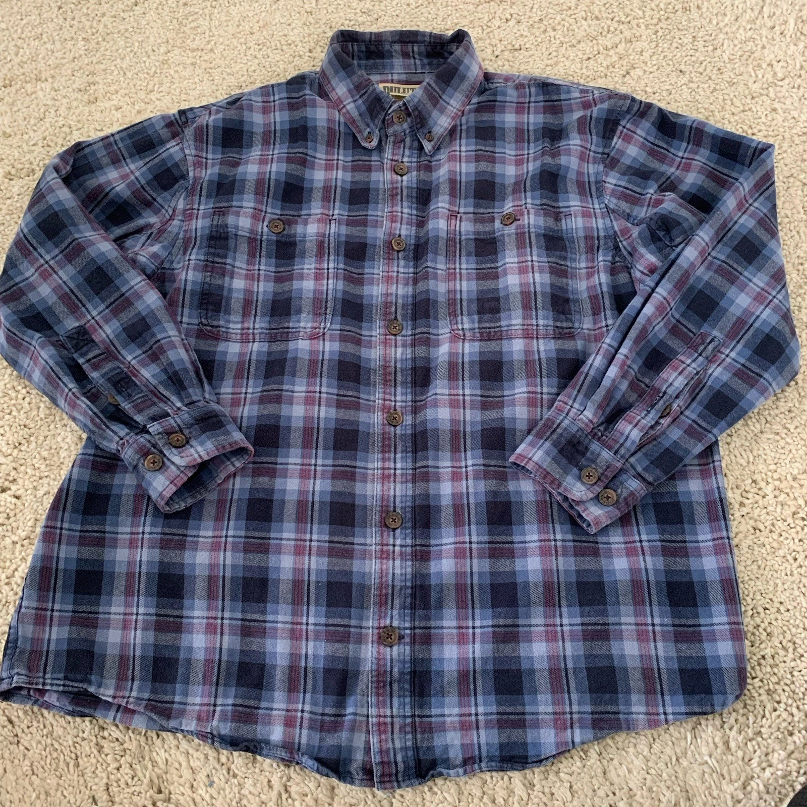 Duluth Trading Shirt Mens Large Blue Plaid Long Sleeve Button Up Cotton Pockets