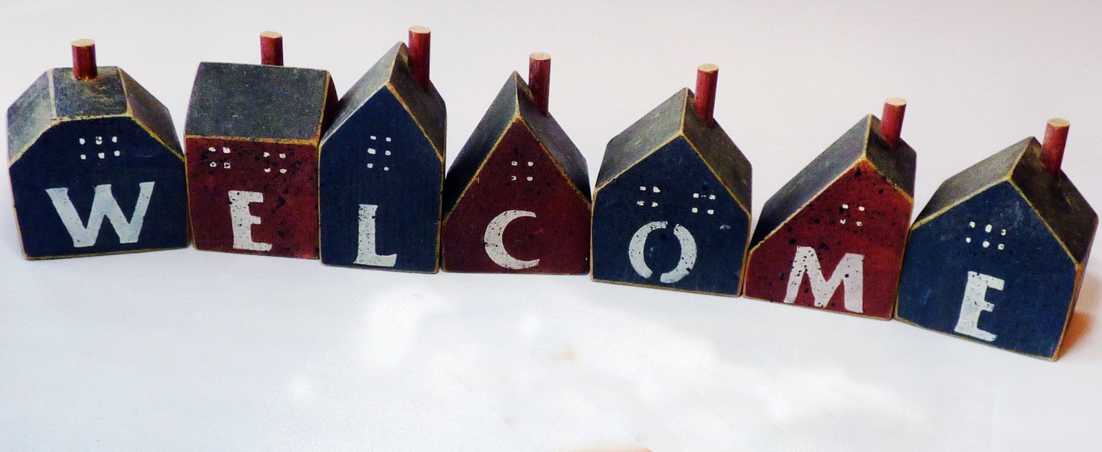 Vintage Wood Blocks Stenciled Houses WELCOME ~ Country Farmhouse Decor Rustic