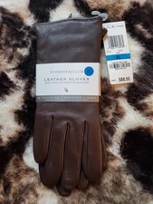NWT Charter Club Women's Brown Leather Touch Screen Tech Gloves Cashmere XL $88
