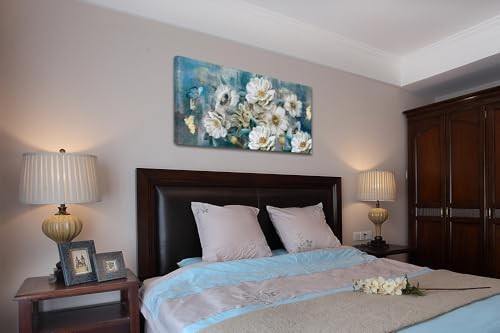 Flowers Canvas Wall Art White Elegant Modern Teal Picture Gold Foil Rustic - Picture 6 of 7