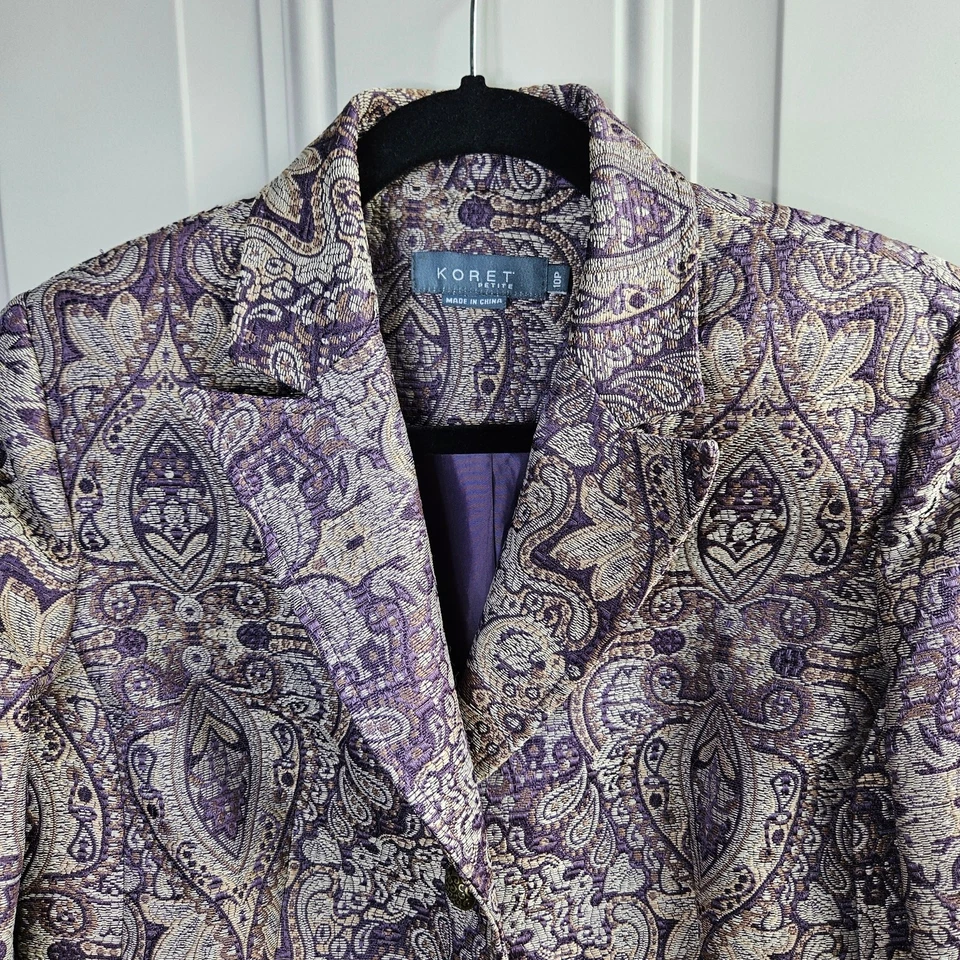 Blazer brocado Koret lindo roxo bronzeado tapeçaria totalmente forrado tamanho 10 P chique - Imagem 4 de 4